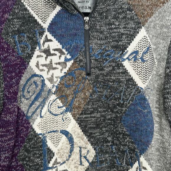 Desigual "made to dream" 1/4 zip argyle design sweater Size XL - Picture 3 of 8